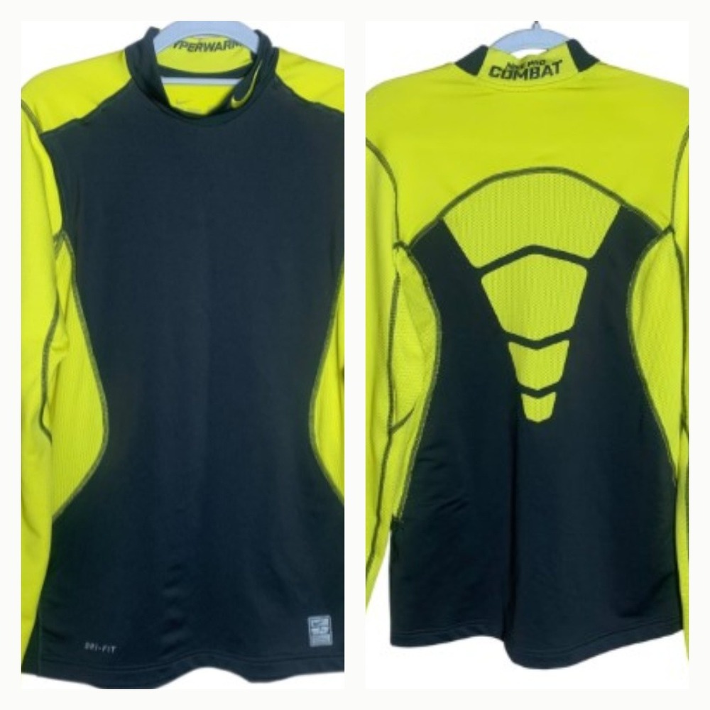 Nike Pro Combat Hyperwarm Shirt Mens S Yellow Black Excellent Dri-FIT Mock Neck